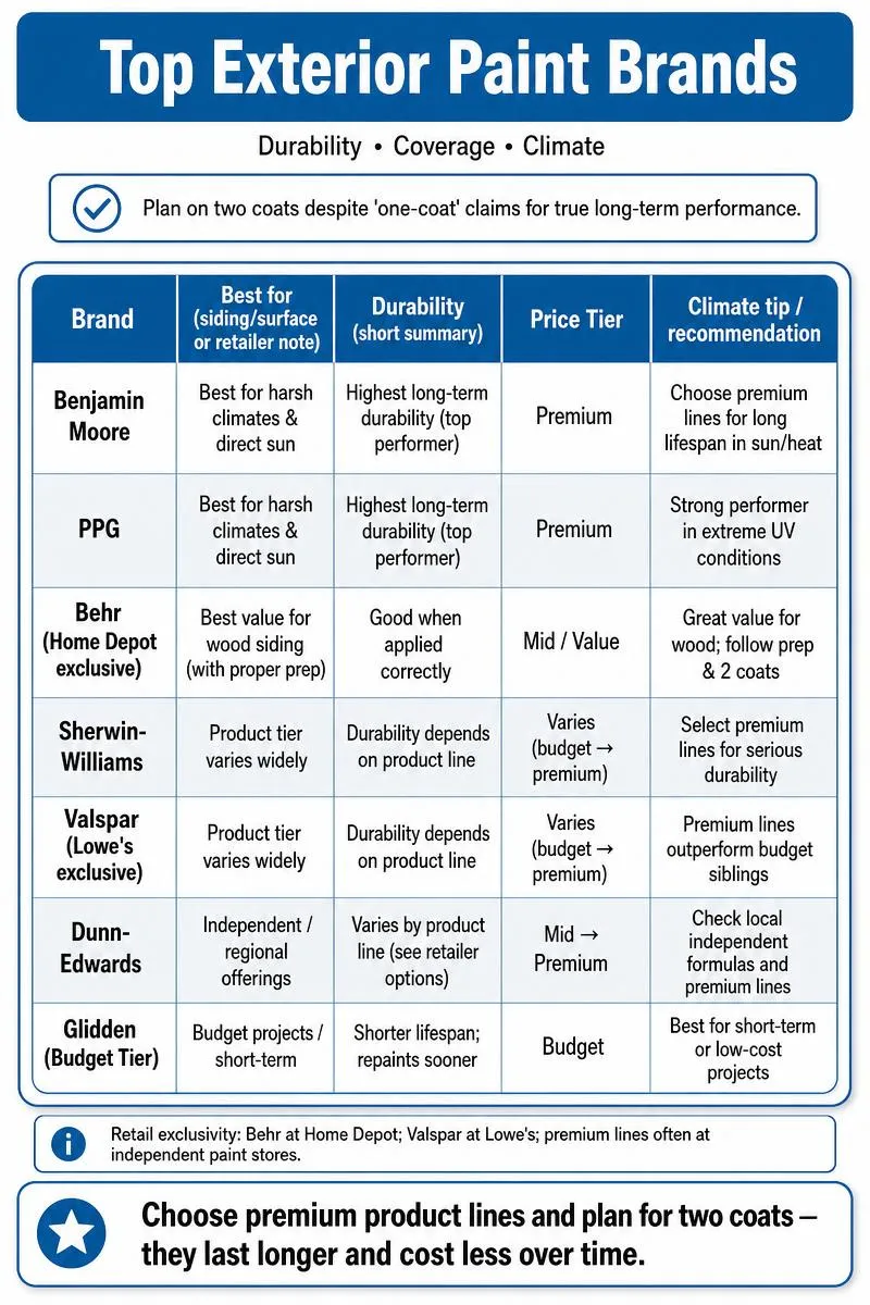 Clean infographic comparing top exterior paint brands by best use, durability, price tier, and climate tips.