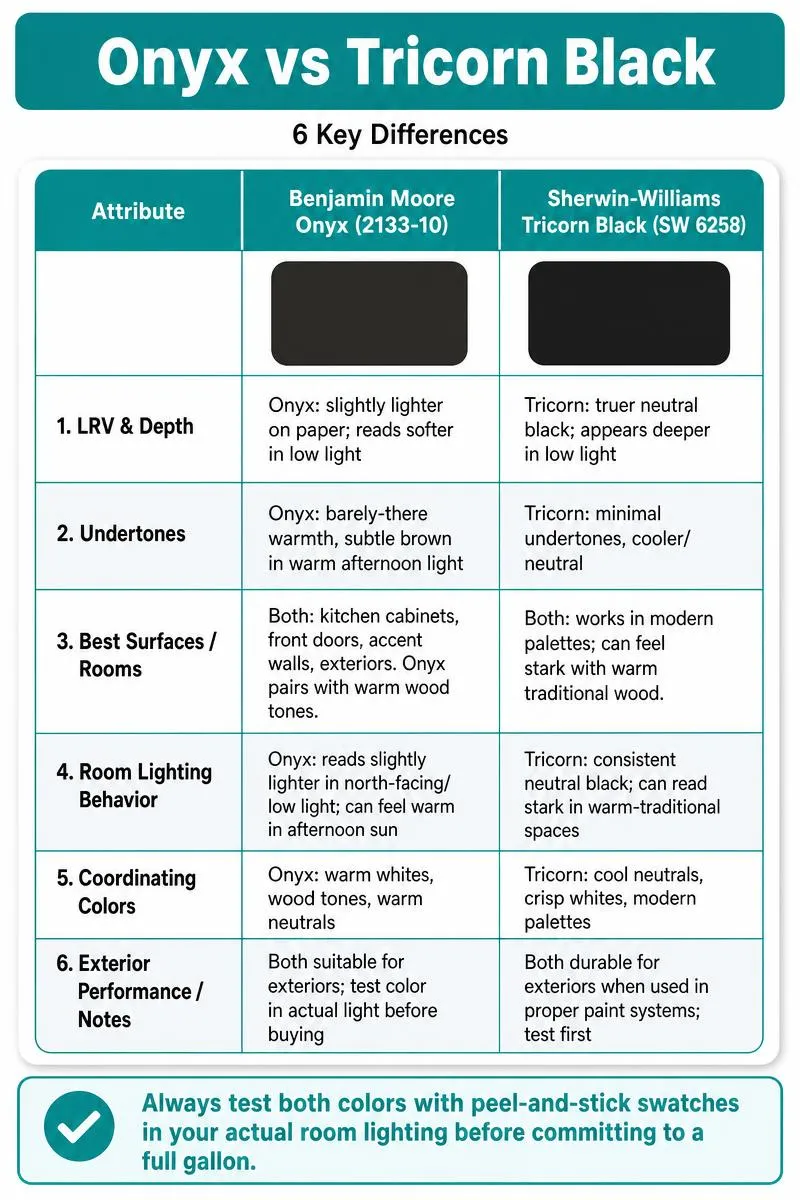 Infographic comparing Benjamin Moore Onyx vs Sherwin-Williams Tricorn Black with key differences and testing tip.