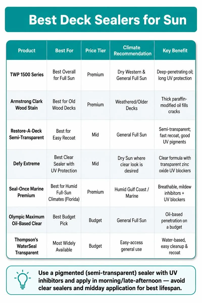 Infographic comparing 7 deck sealers for full-sun decks: product, best use, price, climate, and single actionable tip.
