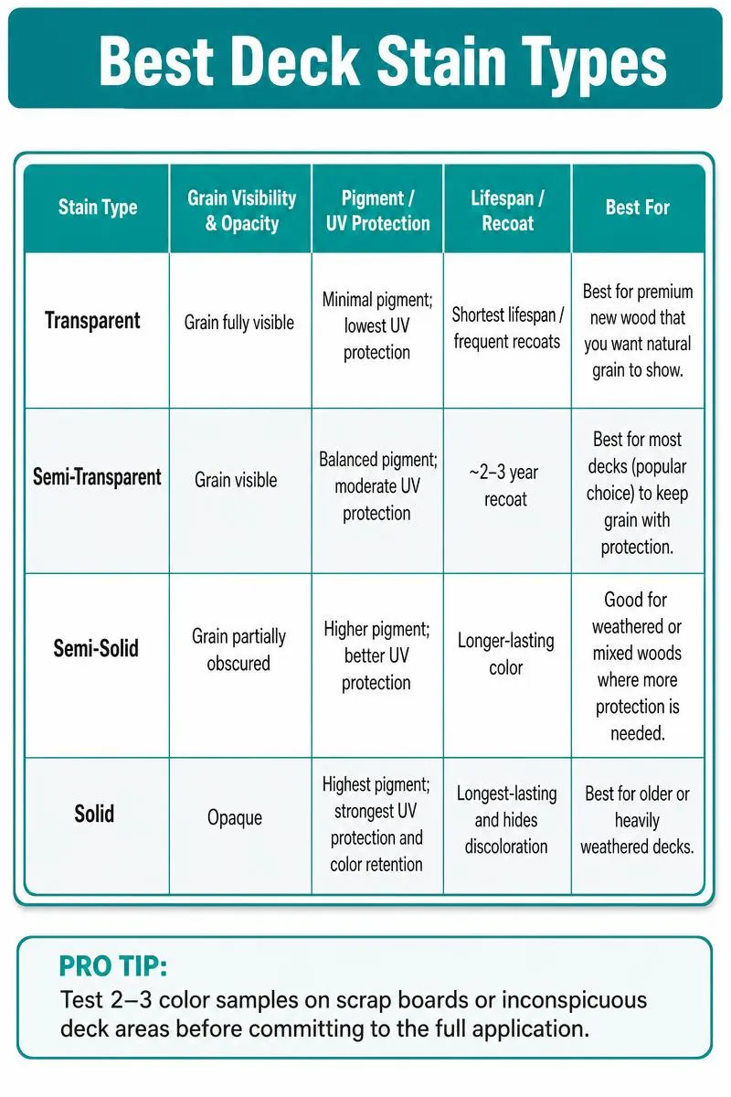 Comparison infographic of transparent, semi-transparent, semi-solid, and solid deck stains with actionable tip.