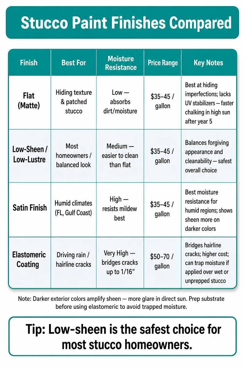 Table infographic comparing 4 stucco paint finishes with key uses, moisture resistance, prices, and a tip.