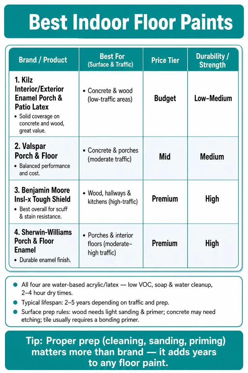 Comparison infographic of 4 indoor floor paints by surface, price, and durability; tip: prep matters more than brand.