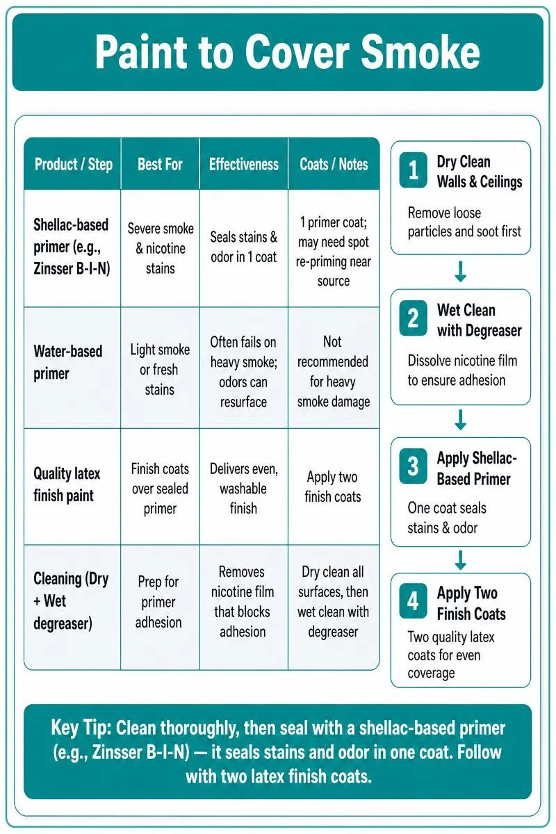 Infographic: primers and 4-step guide to cover smoke damage; use shellac-based primer and two latex coats.