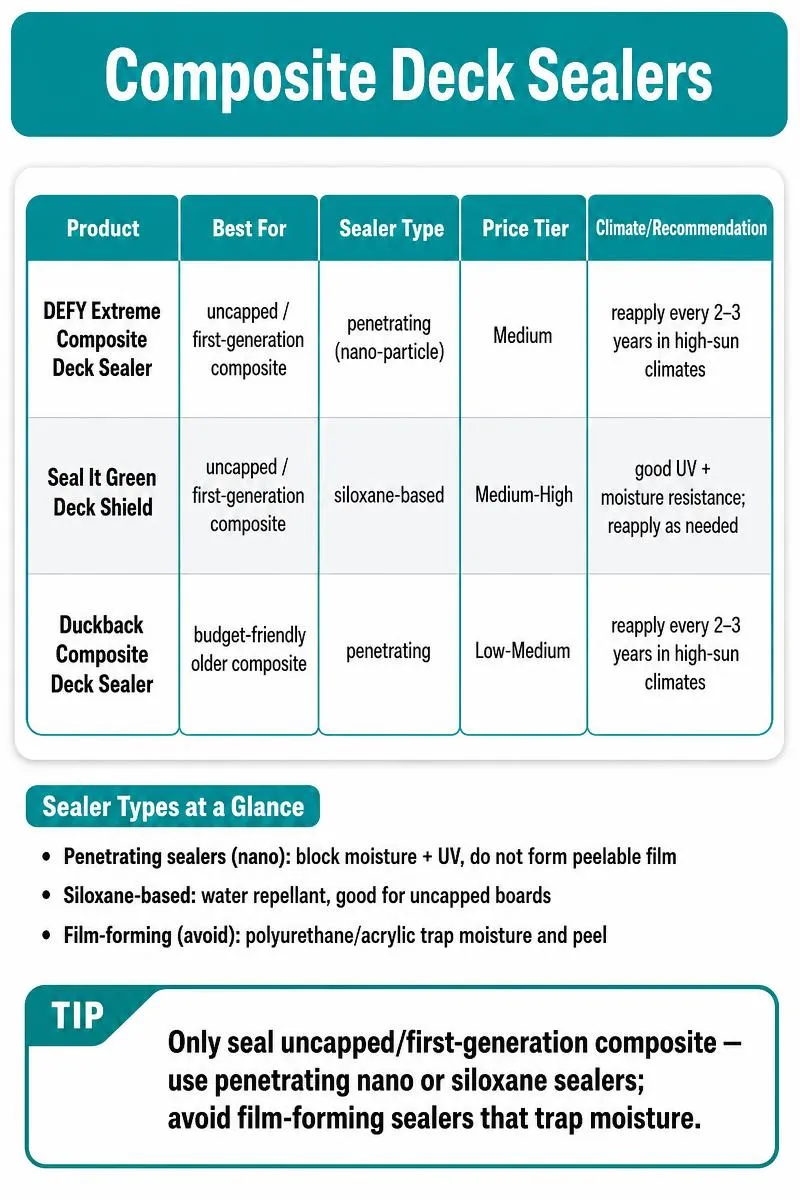 Infographic comparing 3 composite deck sealers, sealer types, and a key tip to avoid film-forming sealers.