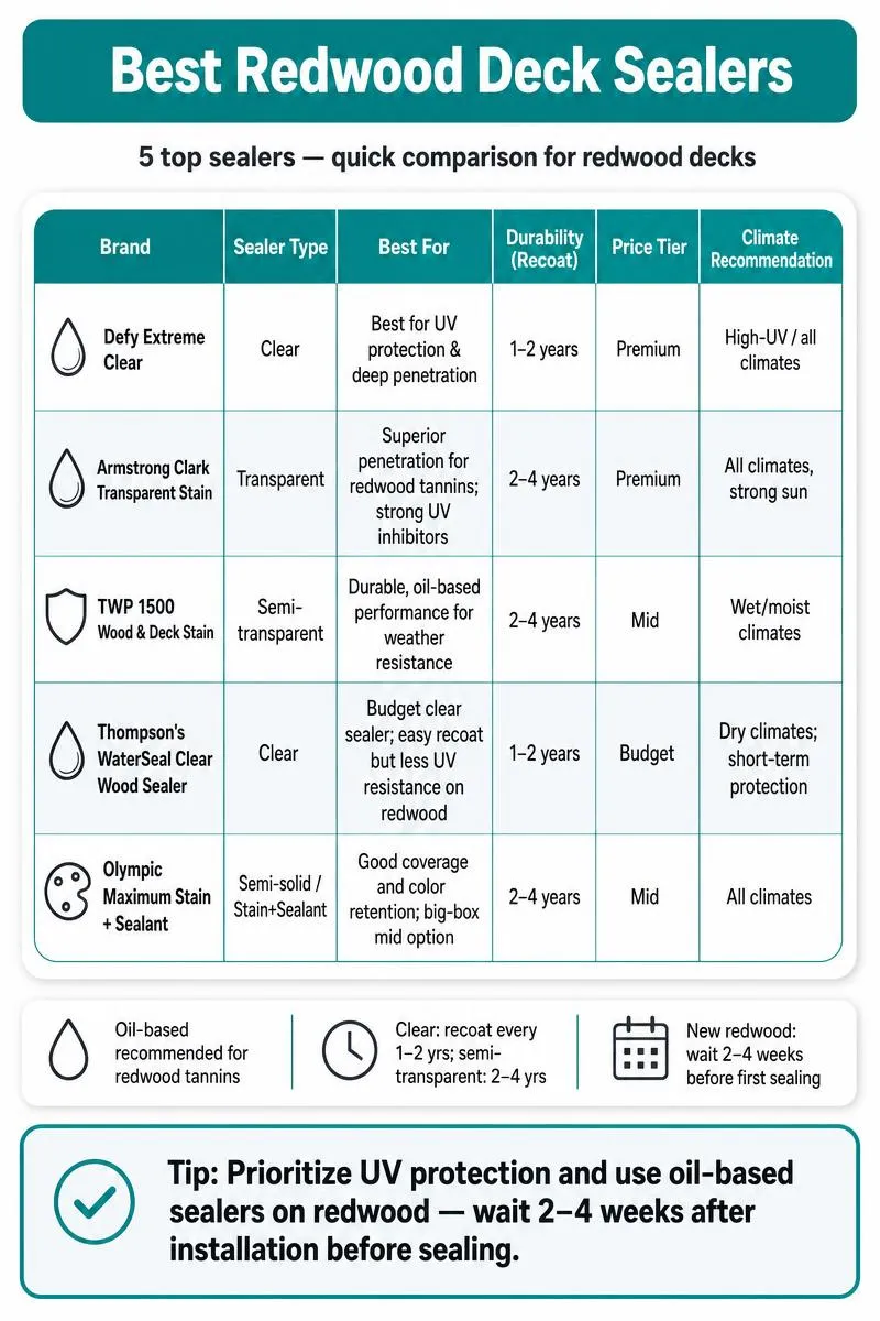 Comparison infographic of 5 redwood deck sealers: types, durability, price, climate tips; actionable tip to prioritize UV and oil-based sealers.