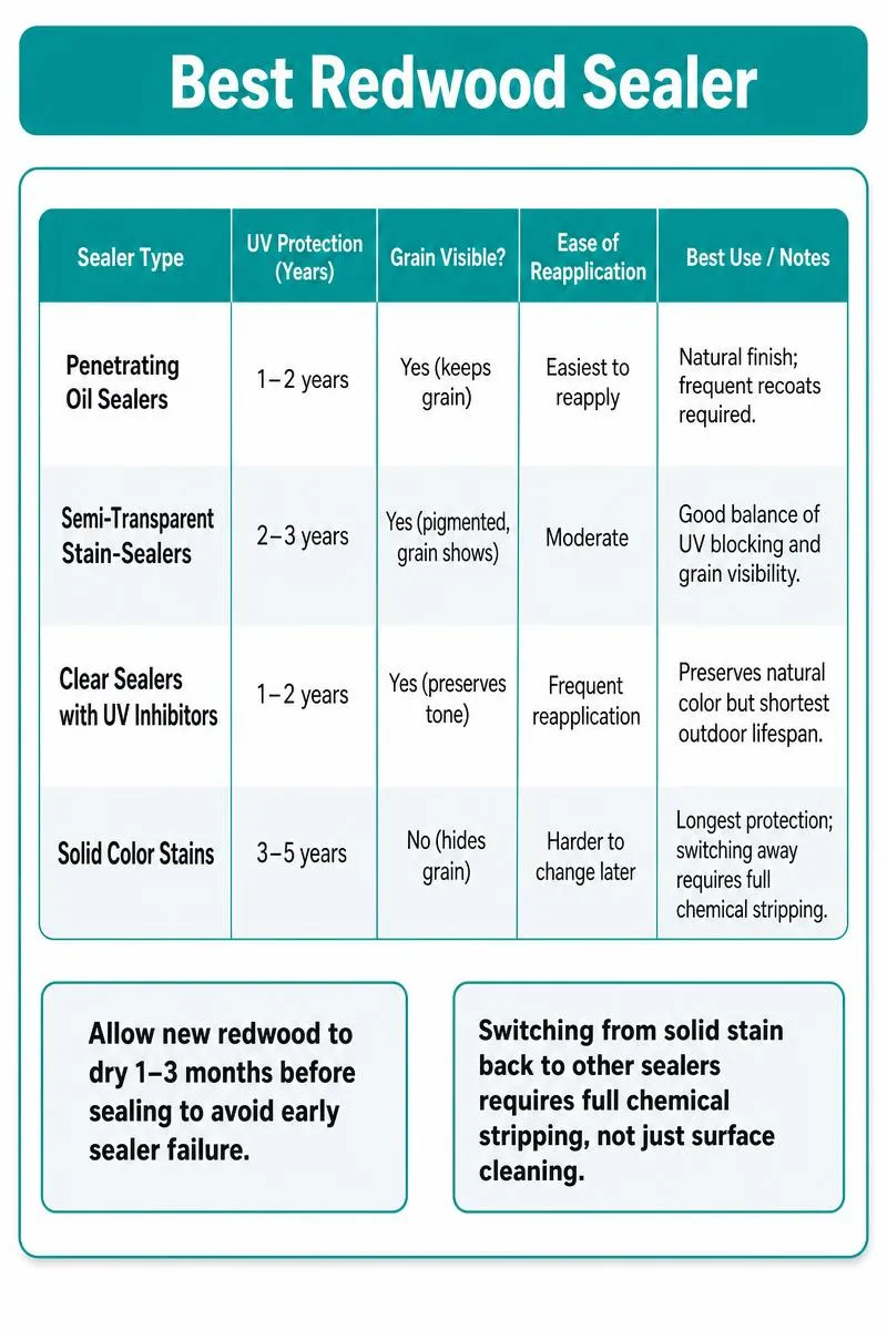 Infographic comparing four redwood sealers with protection years, grain visibility, reapplication ease, and a tip to wait 1–3 months before sealing.