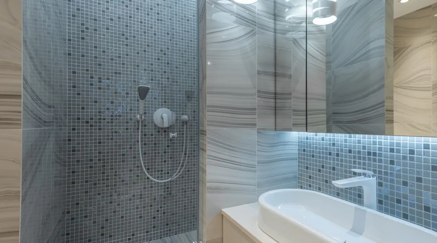 Option A: Penetrating Oil Sealers - Stylish modern bathroom interior design with shower enclosure and oval sink under creative luminous lamp