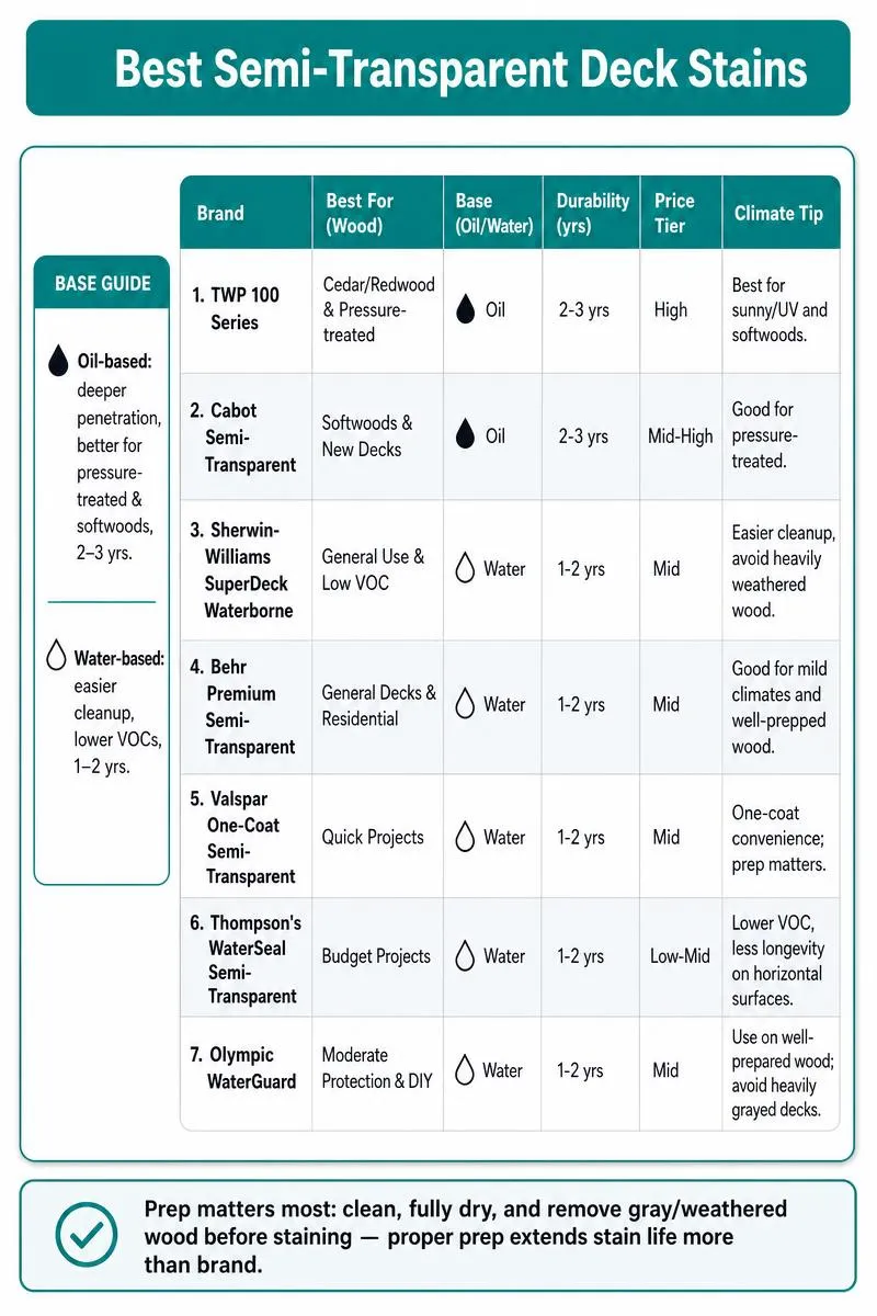 Comparison infographic of 7 semi-transparent deck stains: brand, wood, base, durability, price, plus a prep-first tip.