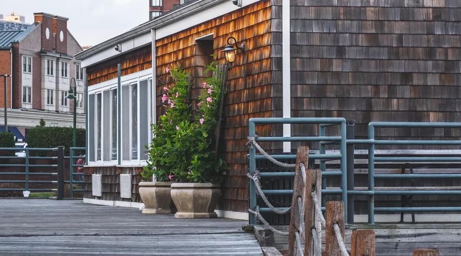 Head-to-Head: Oil-Based vs Water-Based Transparent Stains - Modern waterfront house with wooden exterior and plants on a spacious deck with city backdrop