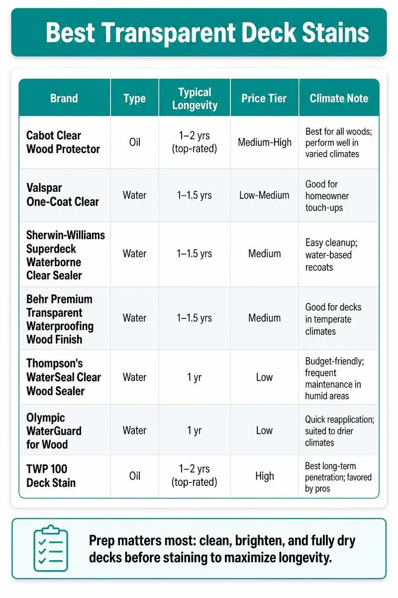 Infographic comparing 7 transparent deck stains: type, longevity, price tiers, climate notes, and a prep tip.