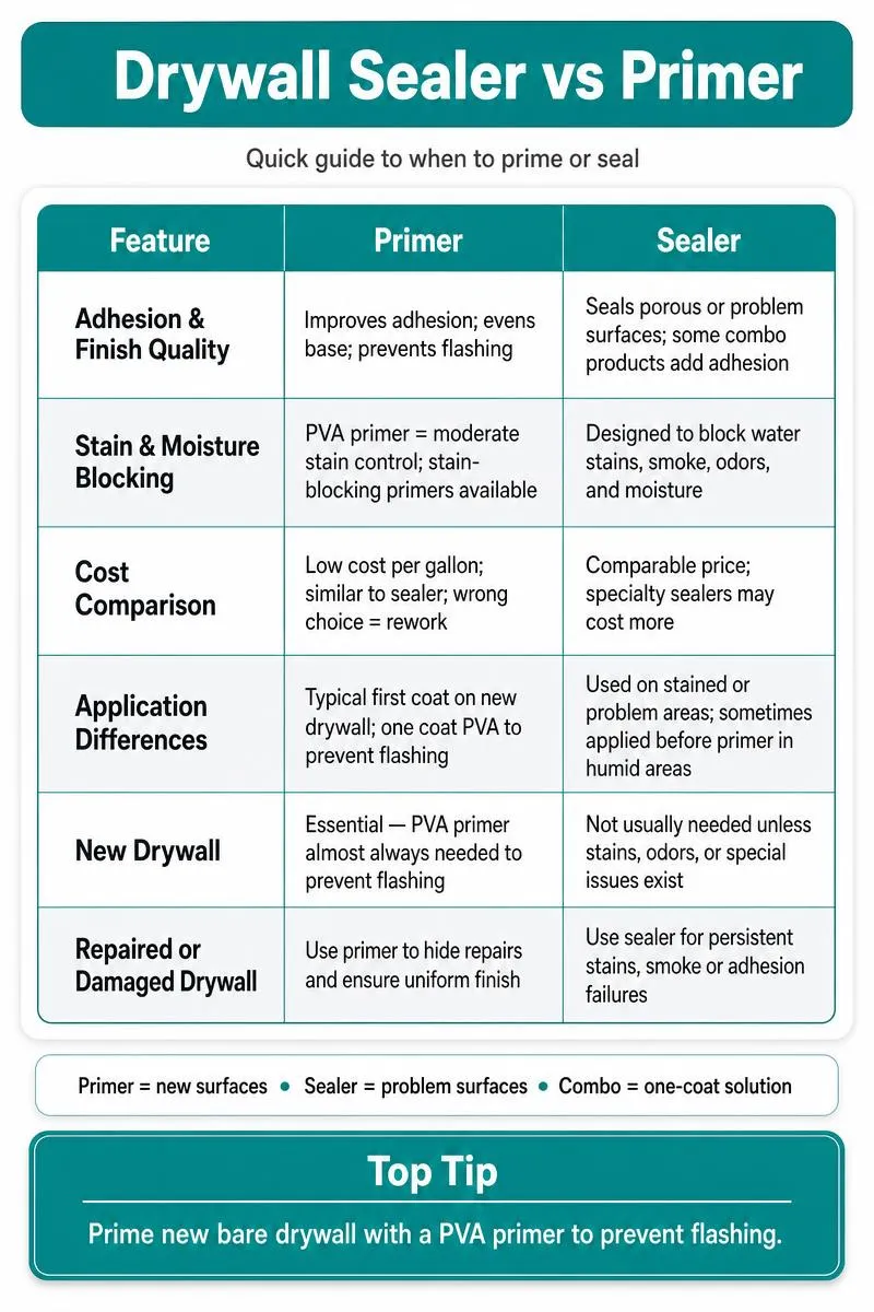 Infographic comparing drywall primer vs sealer with 6-point table and tip to prime new drywall.