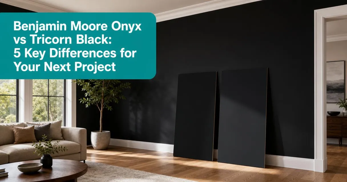 Modern living room with black accent wall and paint swatches comparing Benjamin Moore Onyx and Tricorn Black