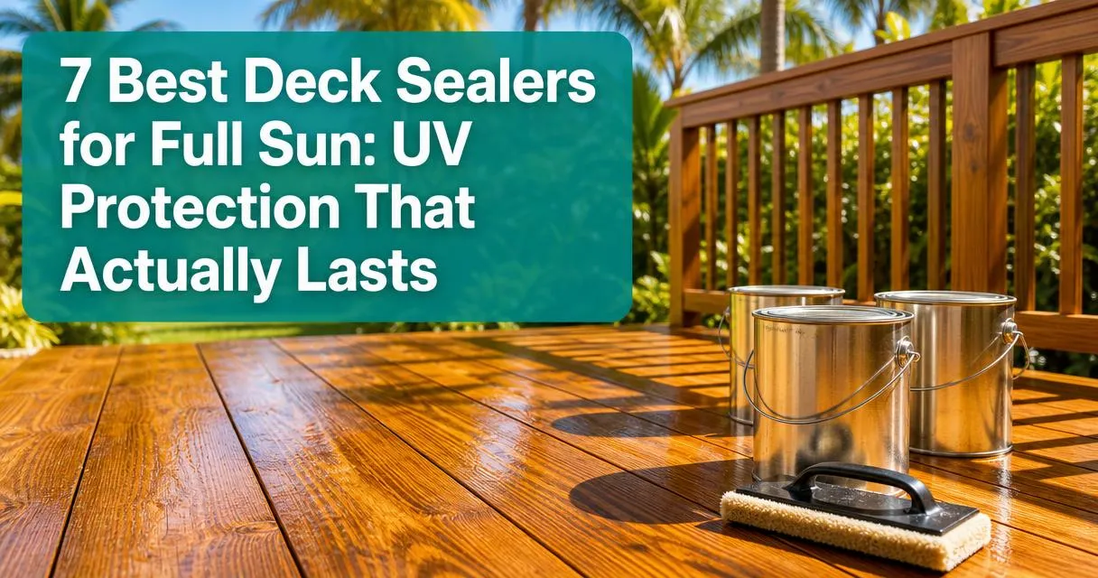 Glossy sealed wooden deck in full Florida sun with sealer cans and staining pad on boards