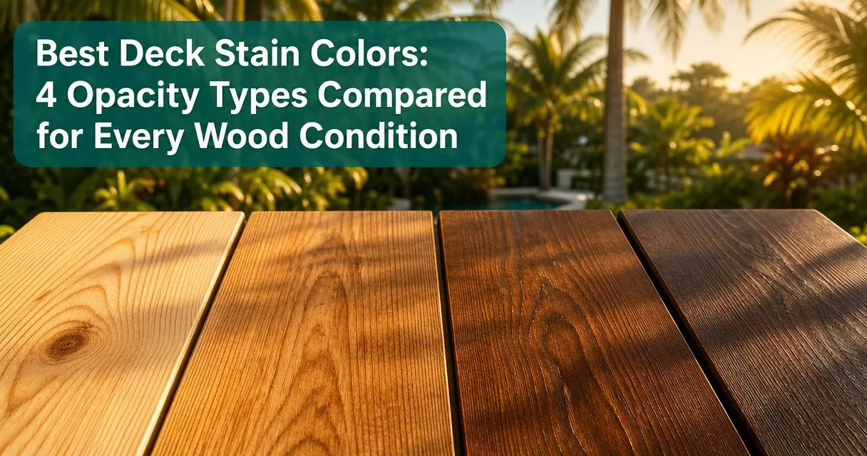 Four deck stain opacity samples on wooden boards in a sunny Florida backyard with palm trees