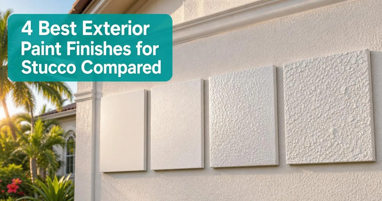 Four stucco paint finish swatches compared on a Florida home exterior with tropical landscaping