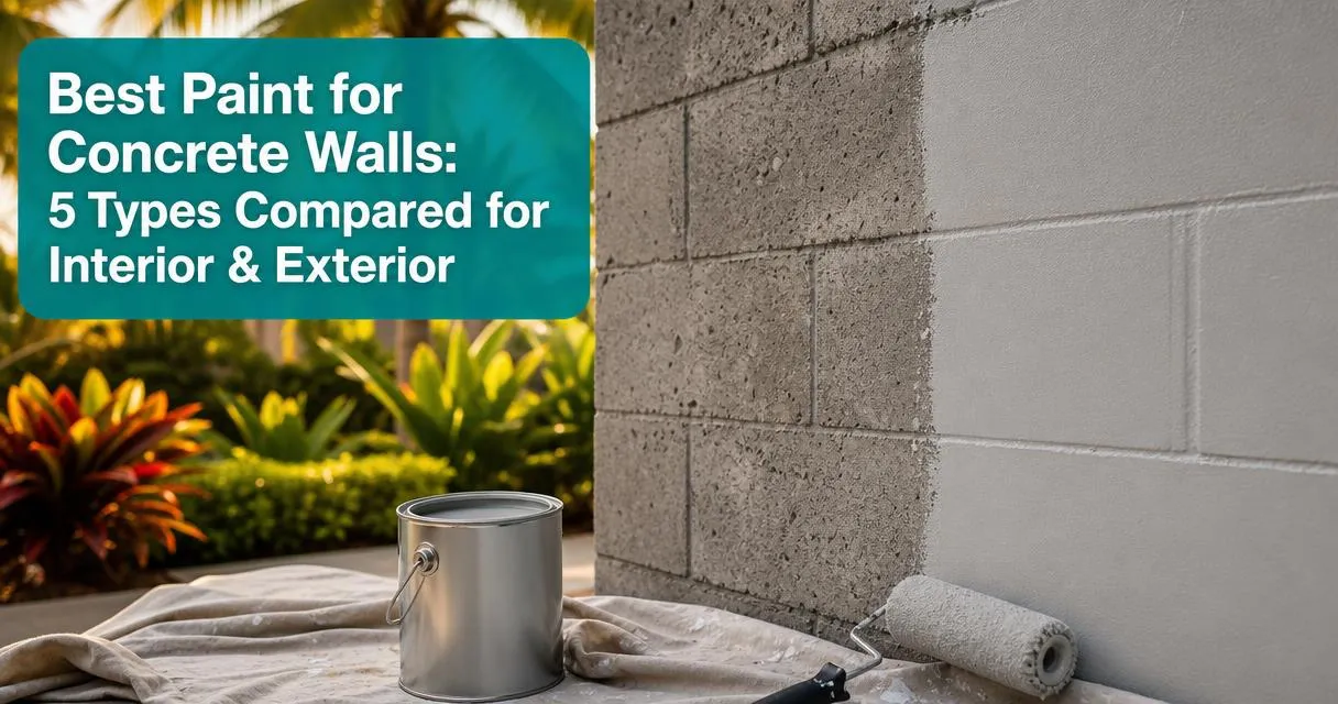 Freshly painted concrete block wall with roller and paint can showing contrast between bare and coated surface