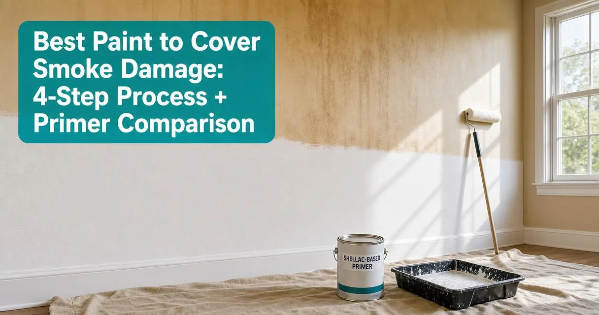 Smoke-damaged interior wall half painted white with primer can and roller nearby