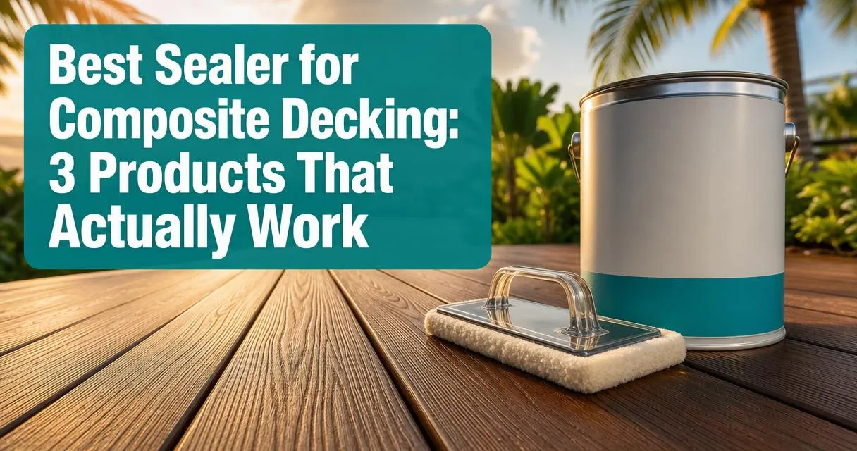 Composite deck boards with sealer applicator and sealer can on a Florida deck at golden hour