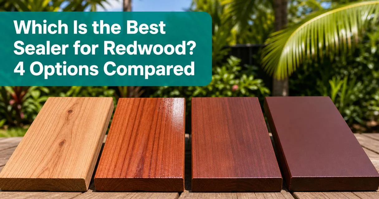Redwood deck boards with four sealer finish samples shown side by side in a sunny outdoor setting