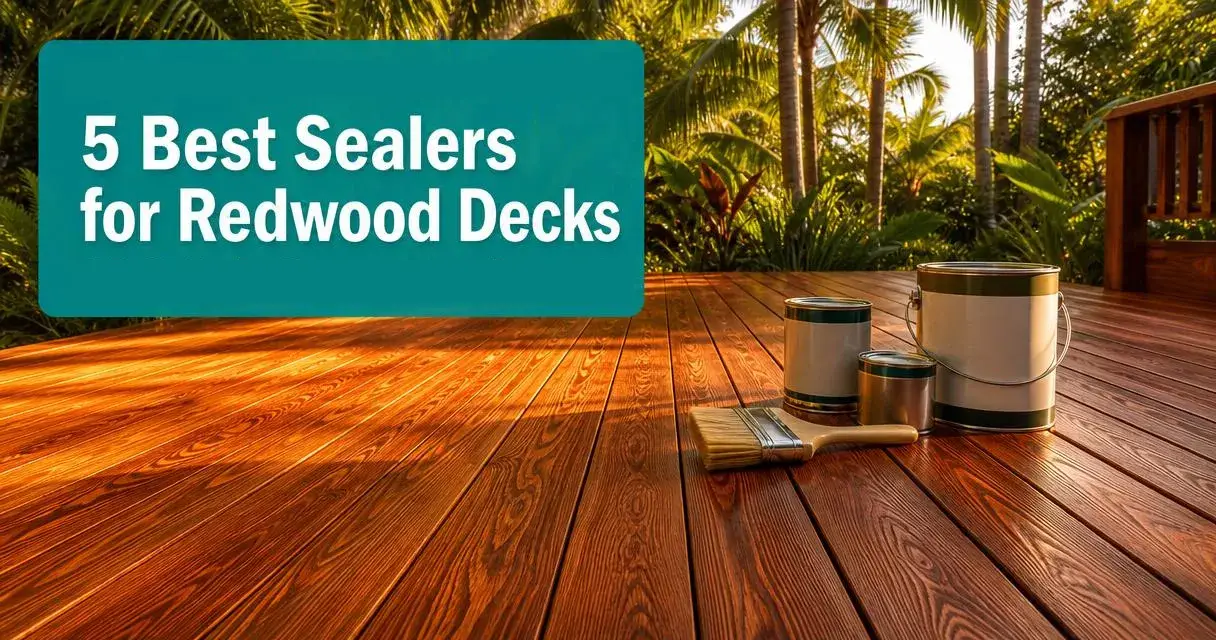 Freshly sealed redwood deck with cans of wood sealer arranged on the surface surrounded by Florida tropical landscaping