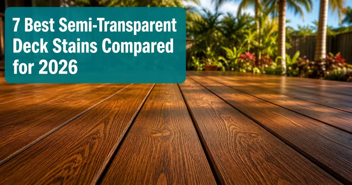 Semi-transparent deck stain on wooden deck planks with visible wood grain in a sunny Florida backyard