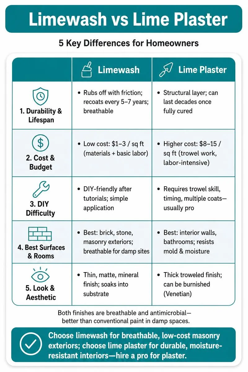 Comparison infographic: limewash vs lime plaster across durability, cost, DIY difficulty, surfaces, look; actionable tip at bottom.