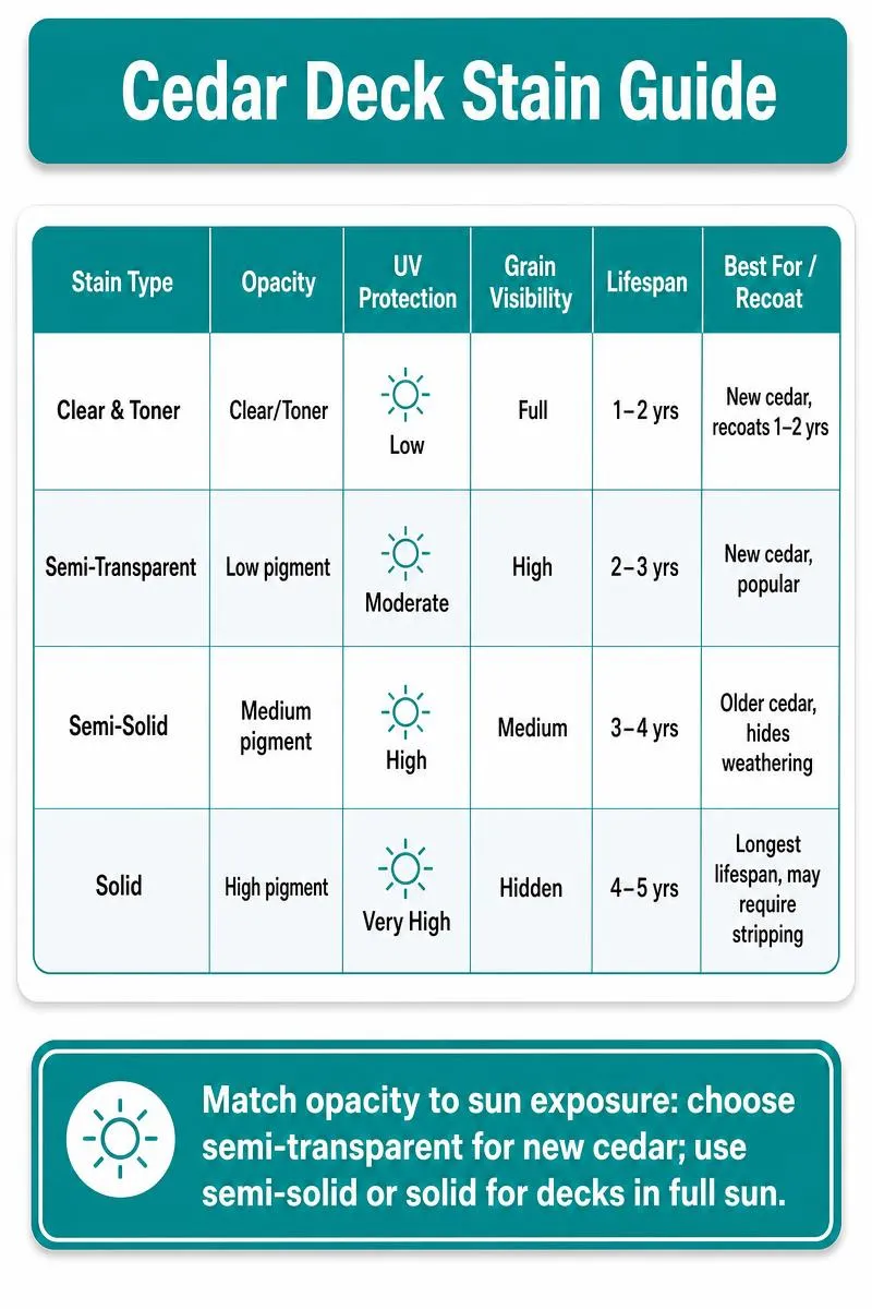 Clean infographic comparing four cedar deck stain types, UV protection, grain visibility, lifespan, and a top tip.