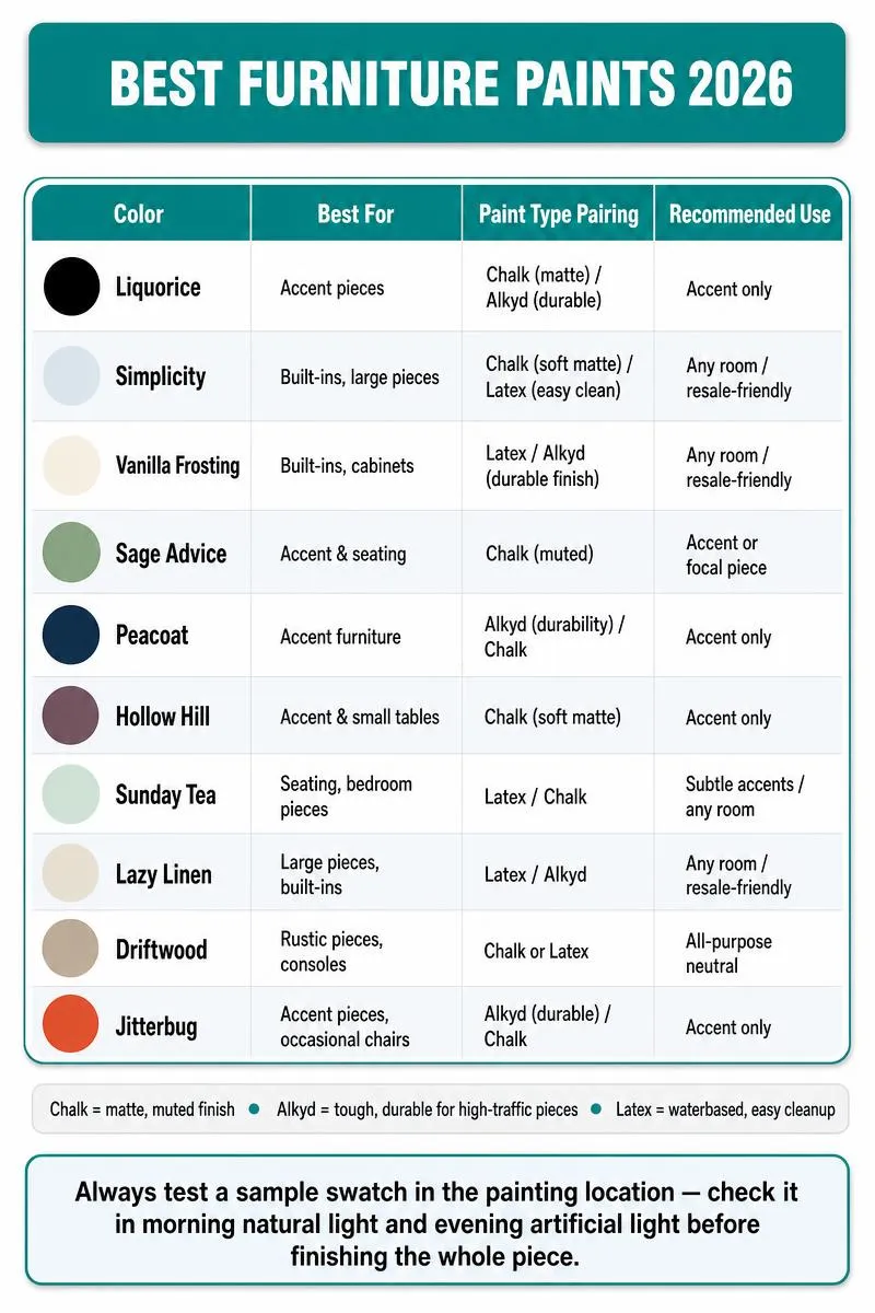 Infographic: Best Furniture Paints 2026 — 10 colors with swatches, paint-type pairings, best uses, and one testing tip.