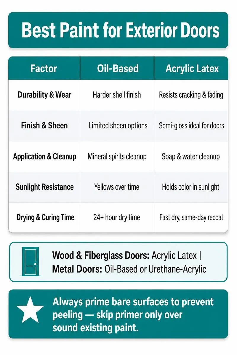 Infographic comparing oil-based vs acrylic latex exterior door paint across 5 key decision factors with a priming tip