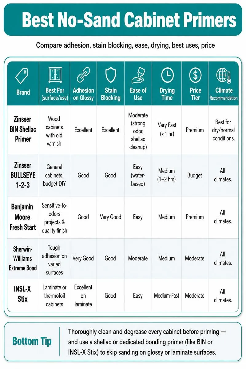 Comparison infographic of 5 no-sand cabinet primers showing best uses, adhesion, stain blocking, drying, price, and a cleaning tip.