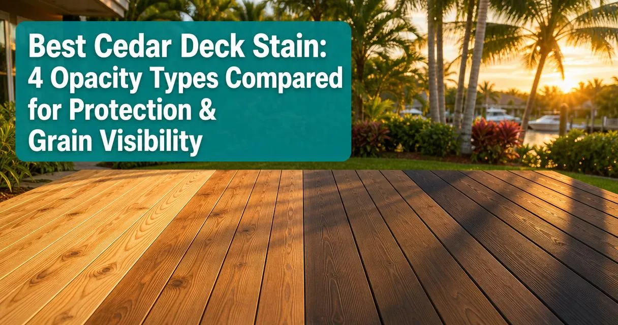 Cedar deck with four stain opacity levels from clear to solid shown side by side in a Florida backyard at golden hour