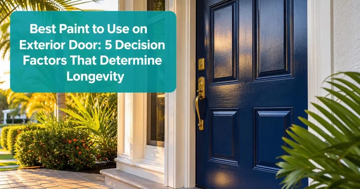 Freshly painted navy blue semi-gloss exterior door on a Florida home with tropical landscaping and golden hour lighting