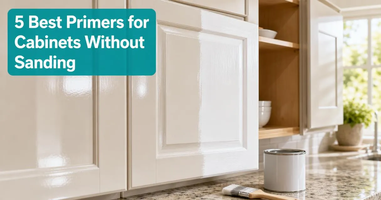 Smooth kitchen cabinet doors with fresh primer applied without sanding and primer can on countertop