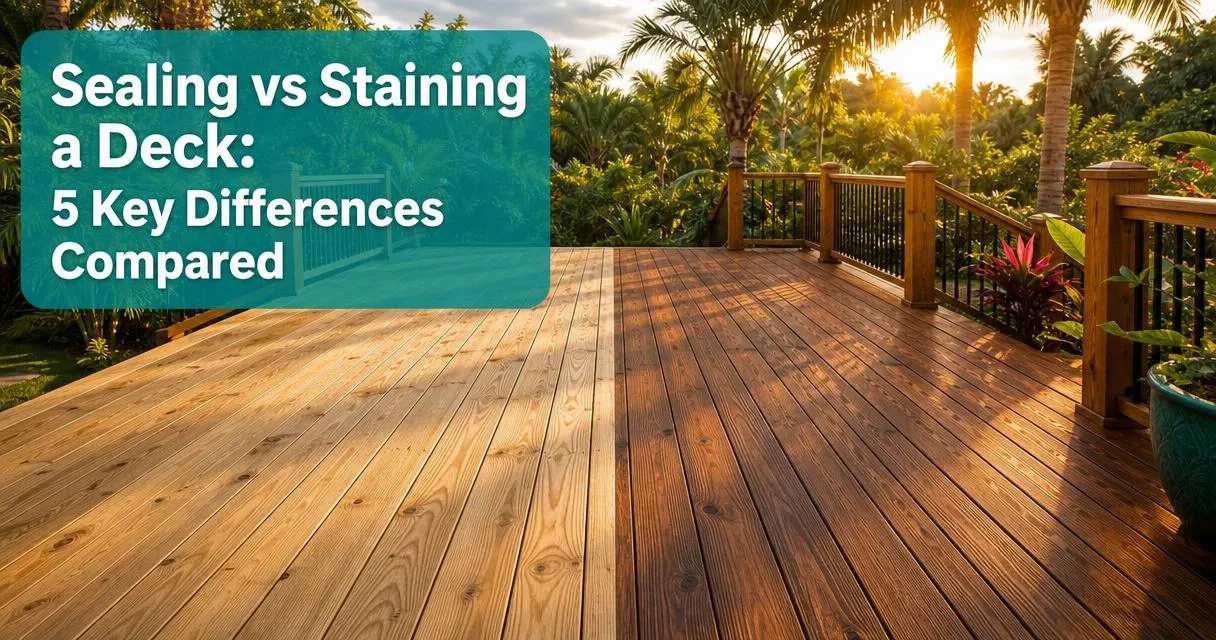 Florida backyard deck showing sealed natural wood grain beside richly stained section with palm trees and golden hour light