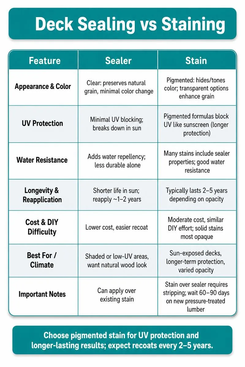 Comparison infographic: Deck Sealing vs Staining—appearance, UV protection, water resistance, longevity, cost, tip to choose pigmented stain.