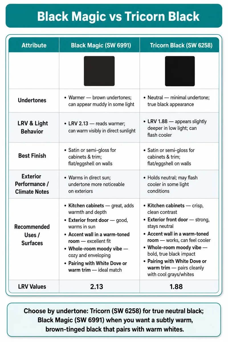 Infographic comparing SW Black Magic vs Tricorn Black: undertones, LRV, finishes, best uses, and one-line tip.