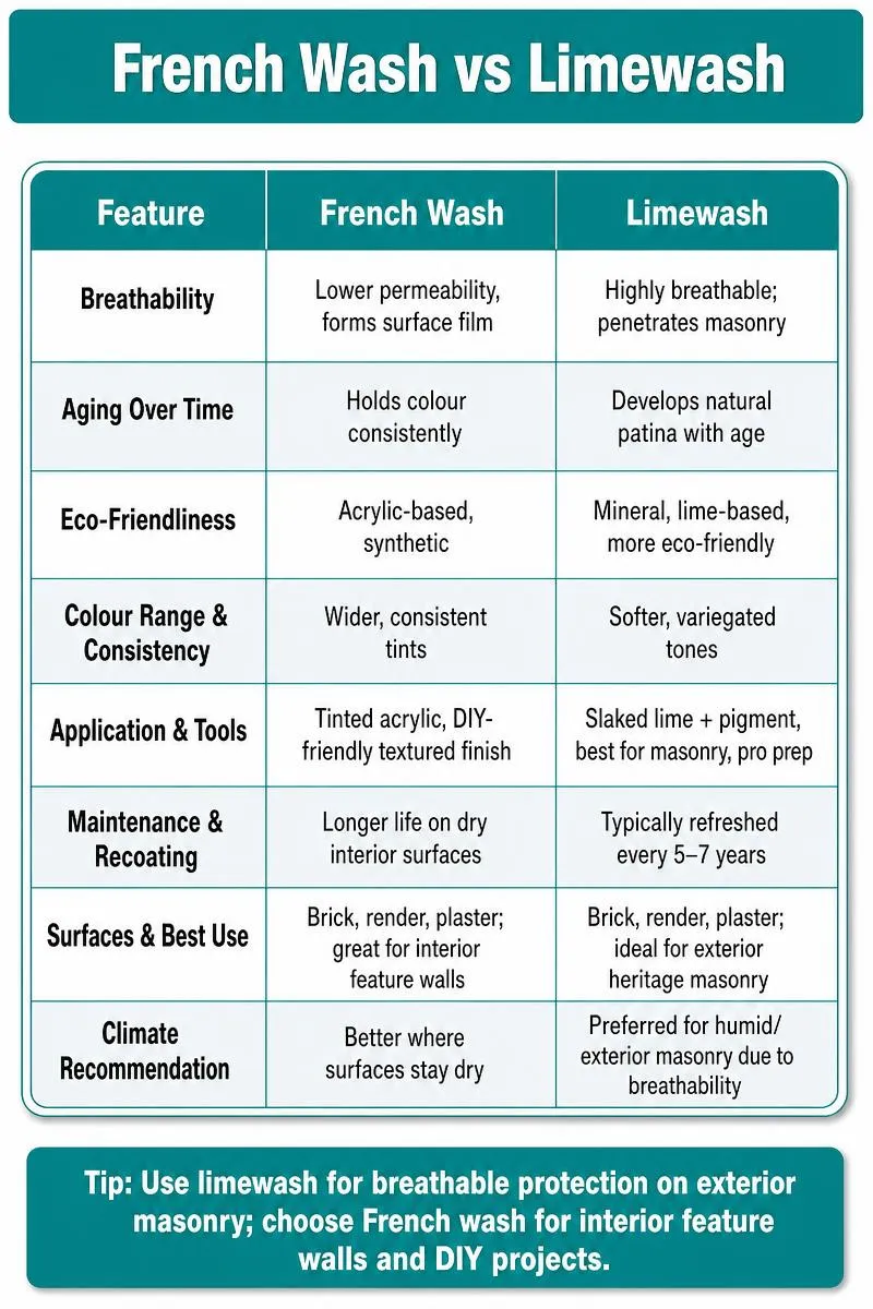 Infographic comparing French wash and limewash across features with tip to use limewash for exteriors.