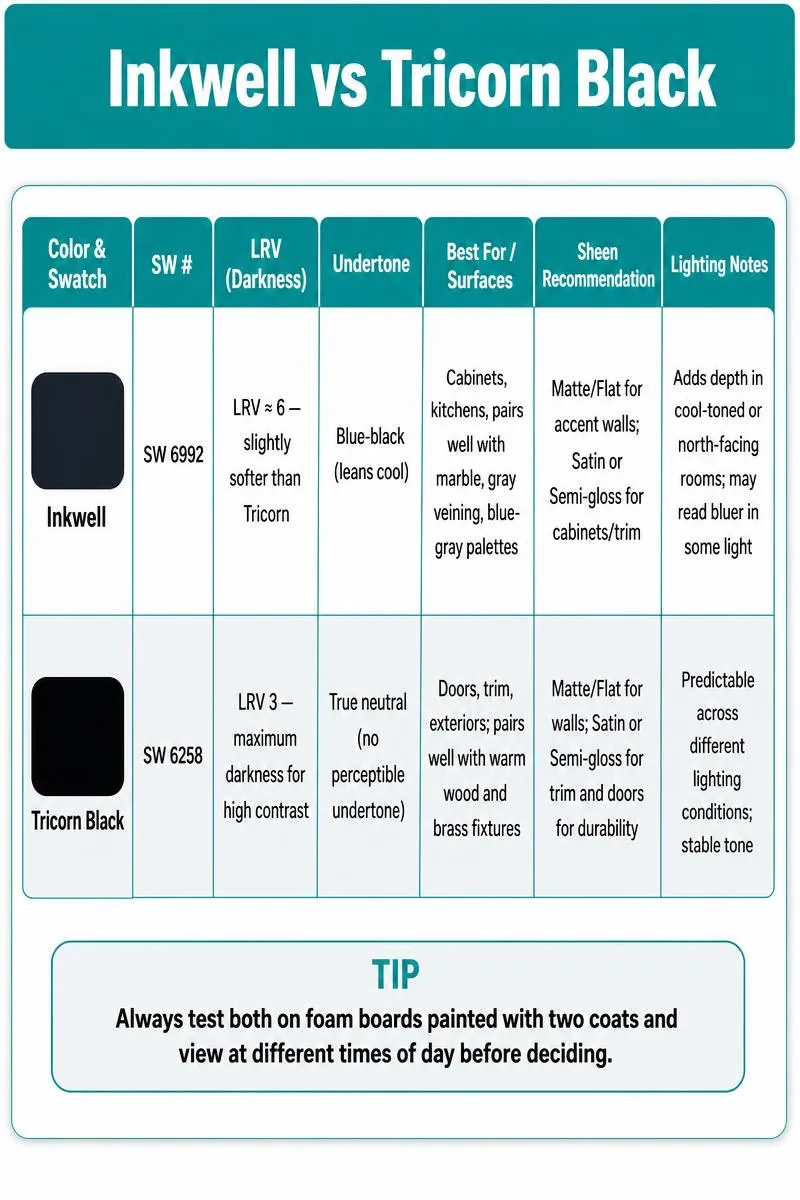 Infographic comparing Inkwell (SW6992) vs Tricorn Black (SW6258) with LRVs, undertones, best surfaces, sheen, and testing tip.